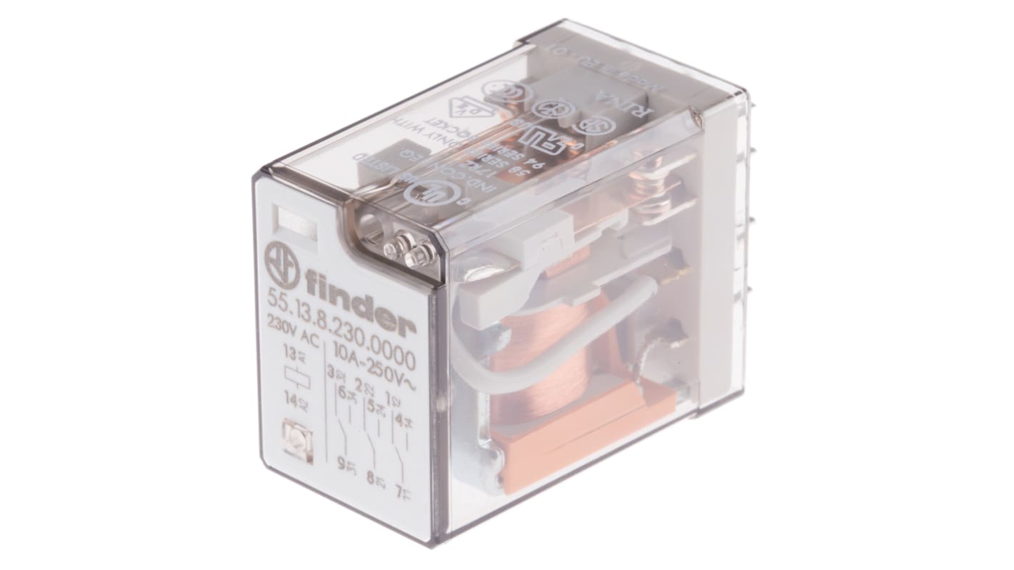 Relè di potenza Finder 55.13.8.230.0000, 3PDT, montaggio su PCB, 10A, 230V, dimensioni 27.7mm x 35.8mm x 20.7mm.