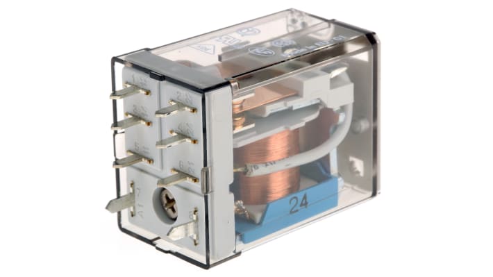 Finder 56.42.9.024.0000, relè DPDT 24V cc per montaggio su PCB, dimensioni 41,1 x 20,7 x 27,7 mm, isolamento 2500 V.