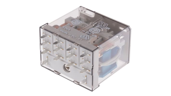 Relè di potenza Finder 56, 4PDT, bobina 12V cc, montaggio su PCB, dimensioni 41,1 x 20,7 x 27,7 mm.