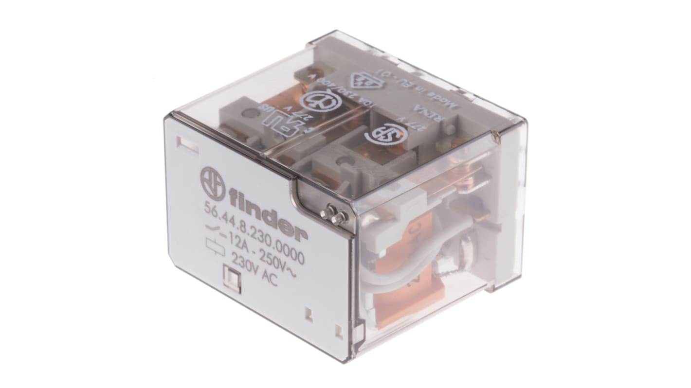 Finder 56.44.8.230.0000, relè di potenza 4PDT, bobina 230V, montaggio su PCB, dimensioni 41,1 x 20,7 x 27,7 mm.