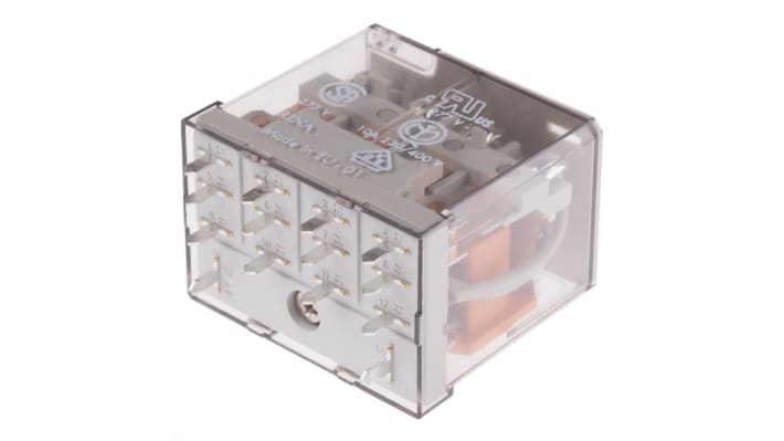 Finder 56.44.8.230.0000, relè di potenza 4PDT, bobina 230V, montaggio su PCB, dimensioni 41,1 x 20,7 x 27,7 mm.