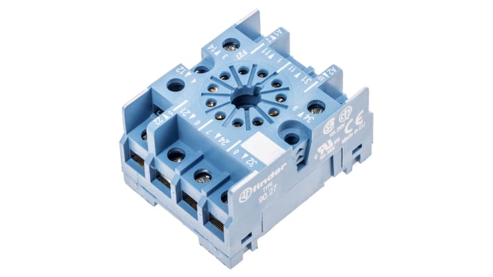 Zoccolo Finder 90.27SMA per relè serie 60, montaggio su guida DIN, tensione 250V, corrente 10A.