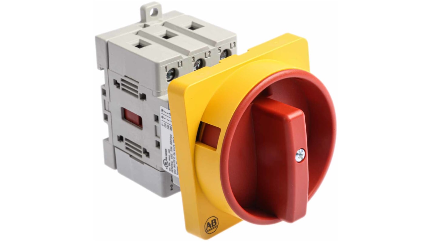 Interruttore di isolamento Allen Bradley 194E-A25-1753-6N, 3 poli, 25A, montaggio su guida DIN, protezione IP66, dimensioni 70mm x 45mm x 59mm.