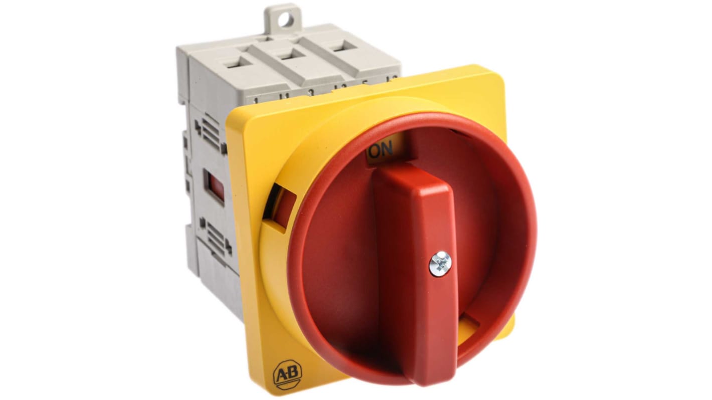 Interruttore di isolamento Allen Bradley 194E-A32-1753-6N, 3 poli, 32A, montaggio su guida DIN, protezione IP66, dimensioni 70x45x59 mm.