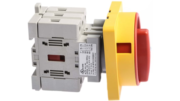 Interruttore di isolamento Allen Bradley 194E-A32-1753-6N, 3 poli, 32A, montaggio su guida DIN, protezione IP66, dimensioni 70x45x59 mm.