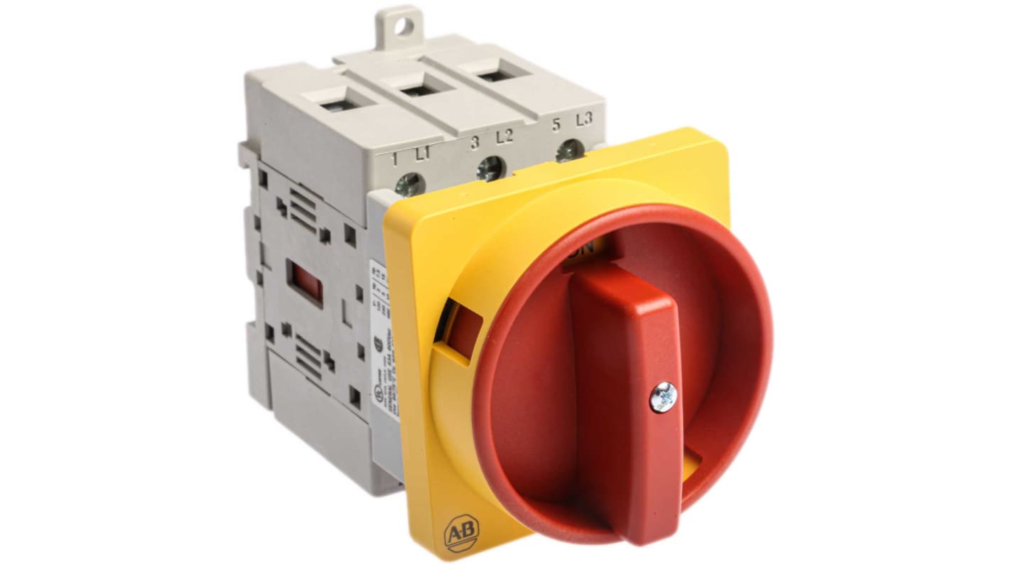 Interruttore di isolamento Allen Bradley 3 poli, 63A, 690V, IP66, montaggio su base, dimensioni 80mm x 54mm x 73mm.