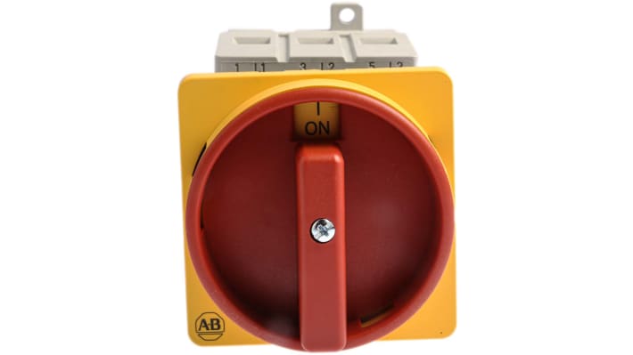 Interruttore di isolamento Allen Bradley 3 poli, 63A, 690V, IP66, montaggio su base, dimensioni 80mm x 54mm x 73mm.