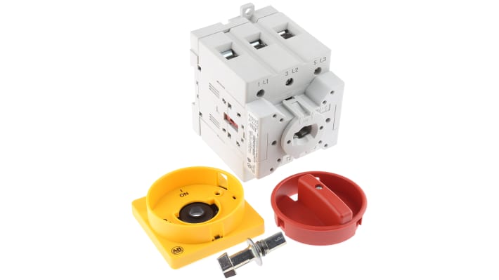 Interruttore di isolamento Allen Bradley 3 poli, 80A, 690V, IP66, montaggio su base, dimensioni 95x72x89mm.