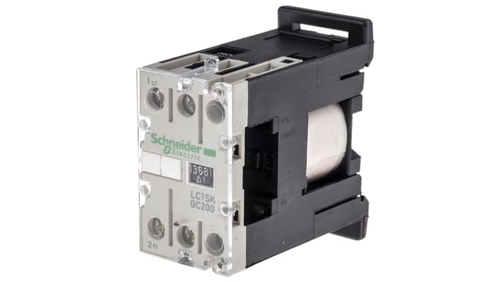 Contattore Schneider Electric LC1SKGC200U7, 2 poli, bobina 230 V, corrente 5 A, montaggio a pannello, dimensioni 27x56x55,5 mm.