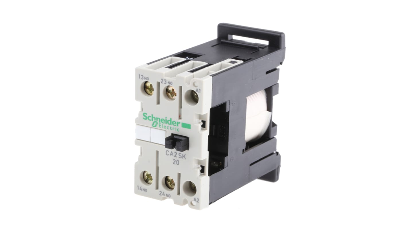 Contattore Schneider Electric CA2SK20U7, 10 A, tensione 690 V, montaggio su guida DIN 35 mm, dimensioni 56 x 27 x 55.5 mm.