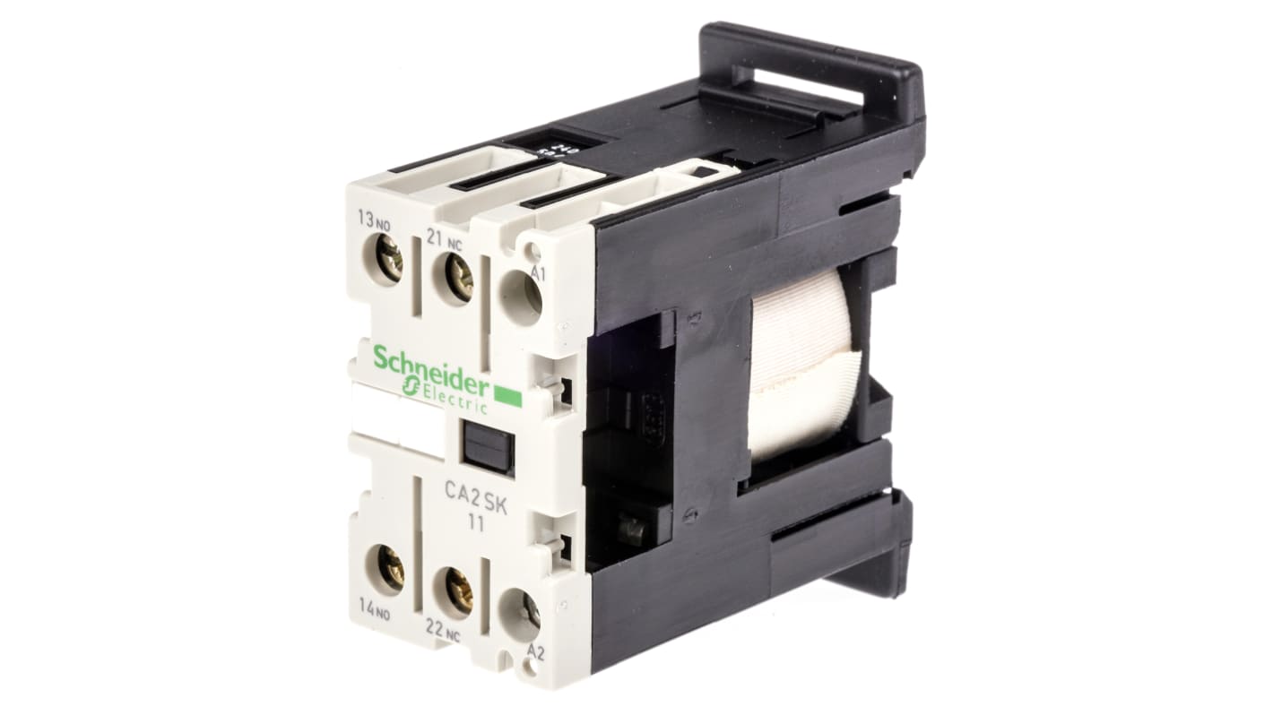 Contattore Schneider Electric CA2SK11U7, 1 NO + 1 NC, 10 A, montaggio su guida DIN 35 mm, dimensioni 56x55.5 mm. Tensione 690 V c.a.