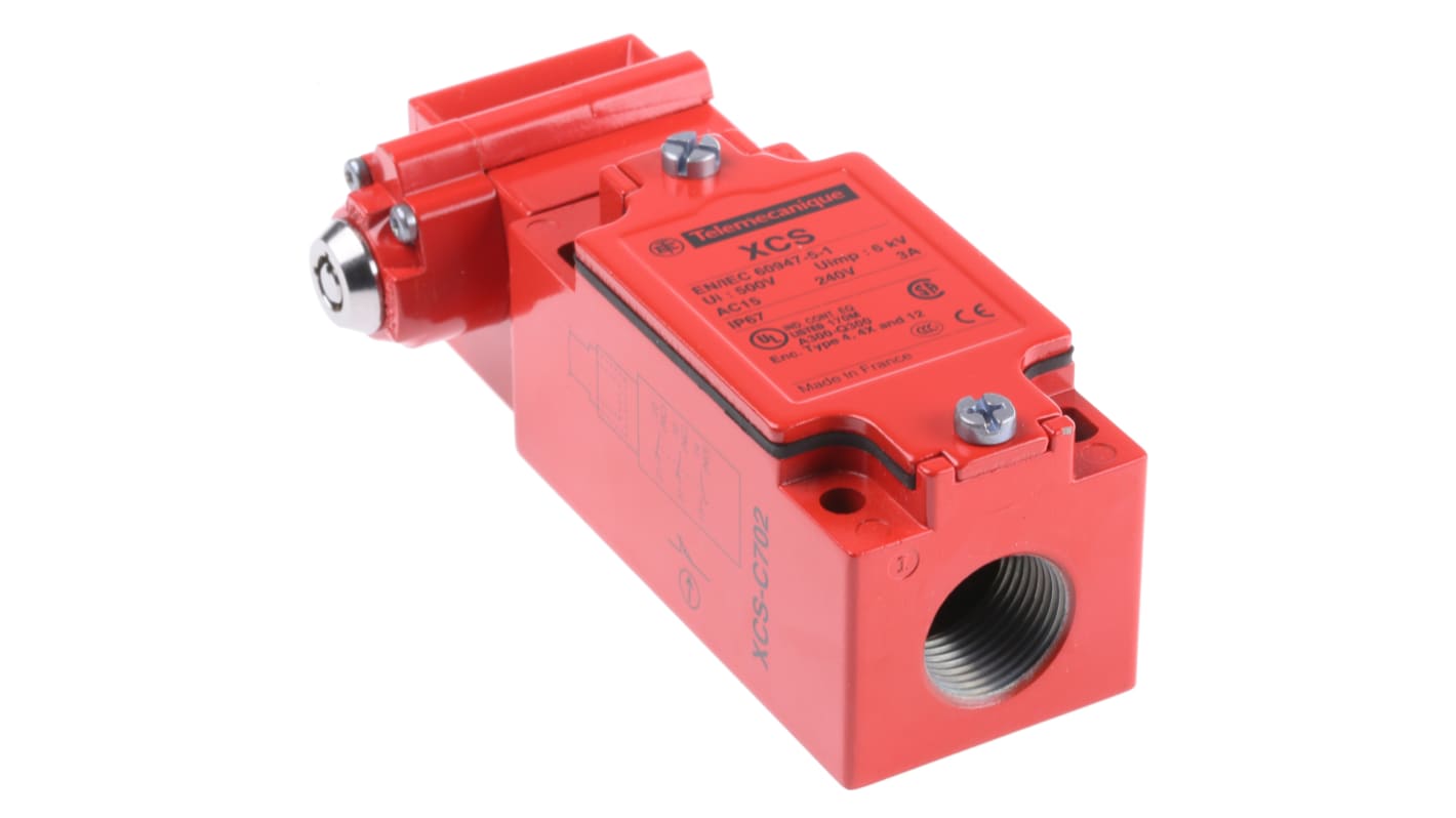 Interruttore di interblocco di sicurezza a chiave Telemecanique Sensors XCSC702, 2NC/1NA, grado di protezione IP67, dimensioni 113.5mm x 52mm x 44mm.