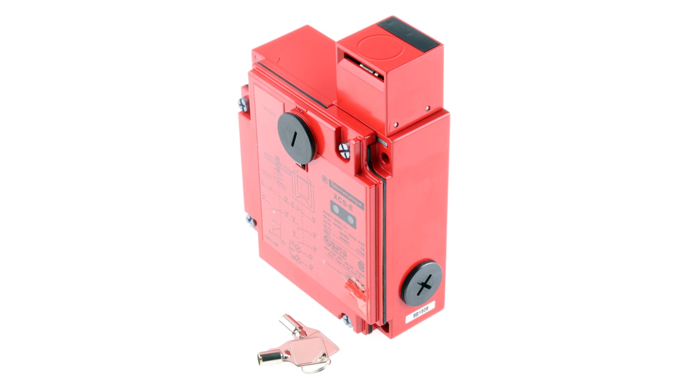 Interruttore di interblocco a solenoide Telemecanique Sensors XCSE5312, 24V, 2NA/1NC, IP67, dimensioni 146x98x44 mm, bloccaggio a chiave.