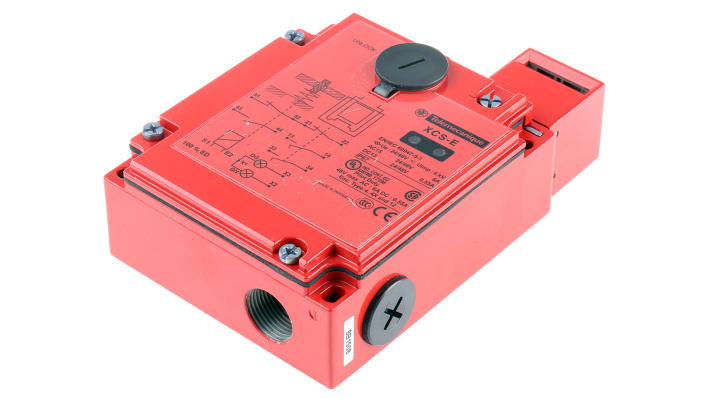 Interruttore di interblocco a solenoide Telemecanique Sensors XCSE5312, 24V, 2NA/1NC, IP67, dimensioni 146x98x44 mm, bloccaggio a chiave.
