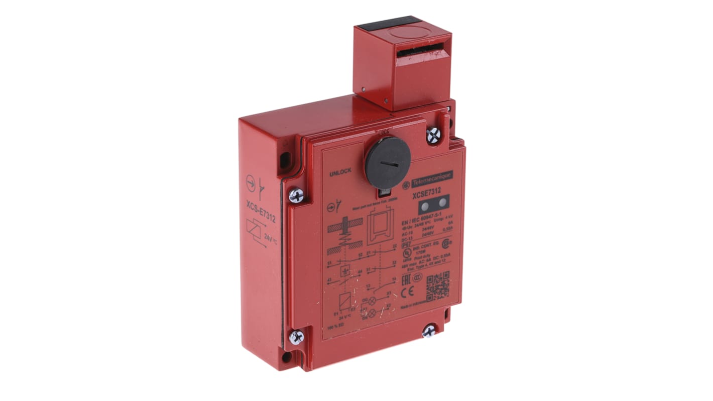 Interruttore di interblocco a solenoide Telemecanique Sensors XCSE7312, 24V, IP67, con 2 contatti NC e 1 NA, dimensioni 146x44x98 mm.