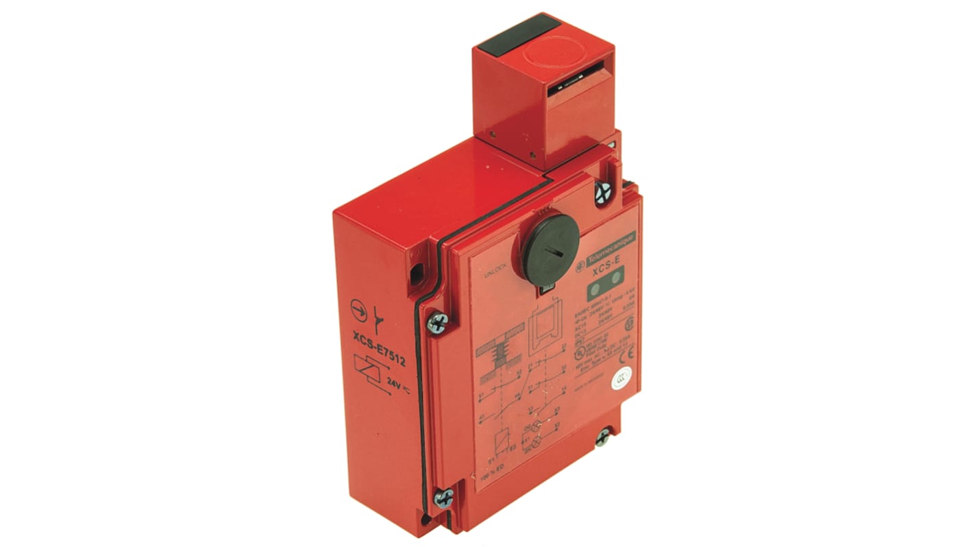 Interruttore di interblocco a solenoide Telemecanique Sensors XCSE7512, design rettangolare in metallo, 24V, IP67, 44mm x 146mm x 98mm.