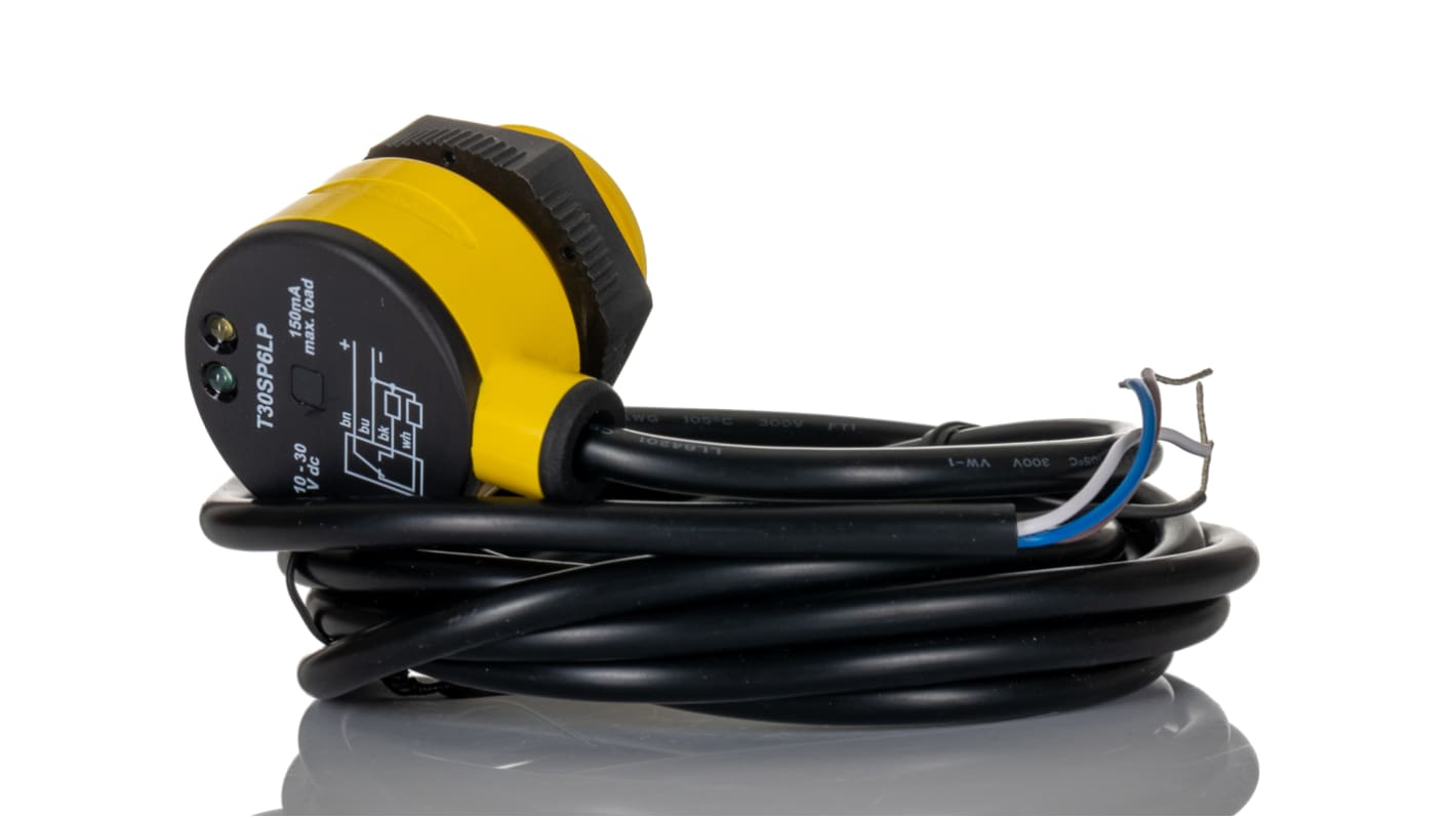 Sensore fotoelettrico cilindrico Banner T30SP6LP a retroriflessione, rilevamento 50 mm a 6 m, uscita PNP, IP69K.