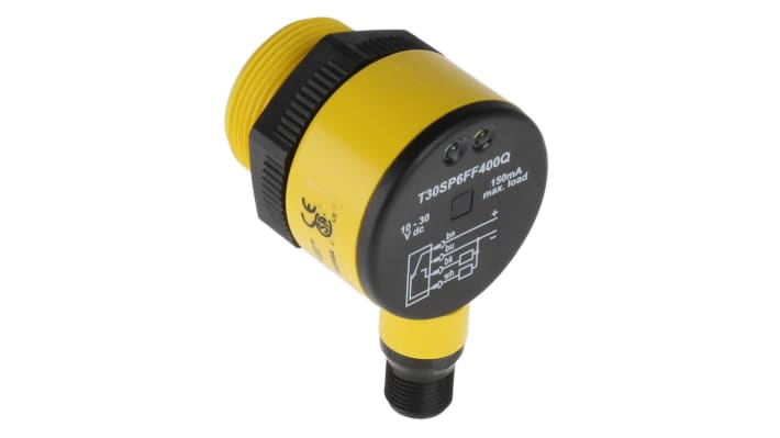 Sensore fotoelettrico cilindrico Banner T30SP6FF400Q, rilevamento 400 mm, uscita PNP, con connettore M12, IP69K.