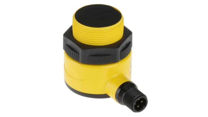 Sensore fotoelettrico cilindrico Banner T30SP6FF400Q, rilevamento 400 mm, uscita PNP, con connettore M12, IP69K.