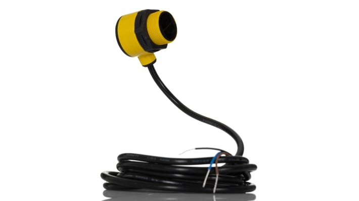 Sensore fotoelettrico cilindrico Banner T30AW3FF400, rilevamento fino a 400 mm, uscita relè SPST, grado di protezione IP69K.