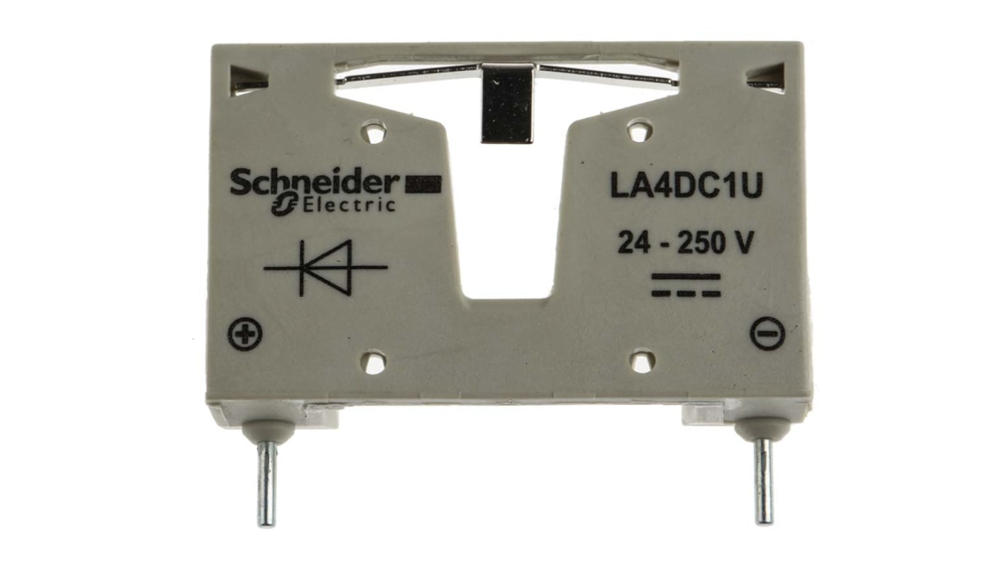 Soppressore di sovratensioni Schneider Electric LA4DC1U per Serie TeSys D, montaggio diretto su contattore, protegge circuiti da interferenze.