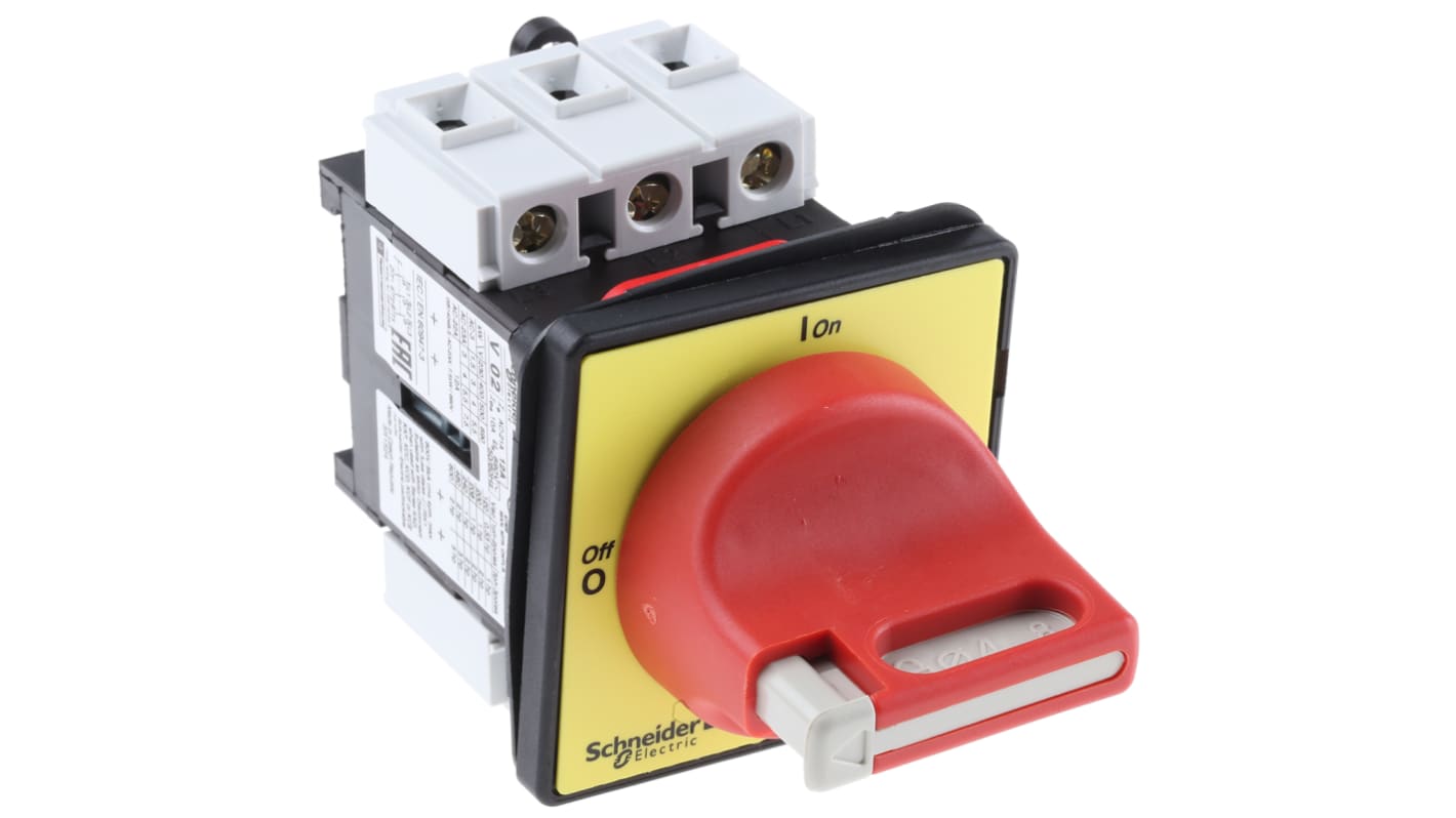 Interruttore di isolamento Schneider Electric VCF02, 3 poli, 12A, montaggio a pannello, protezione IP65, maniglia rossa.