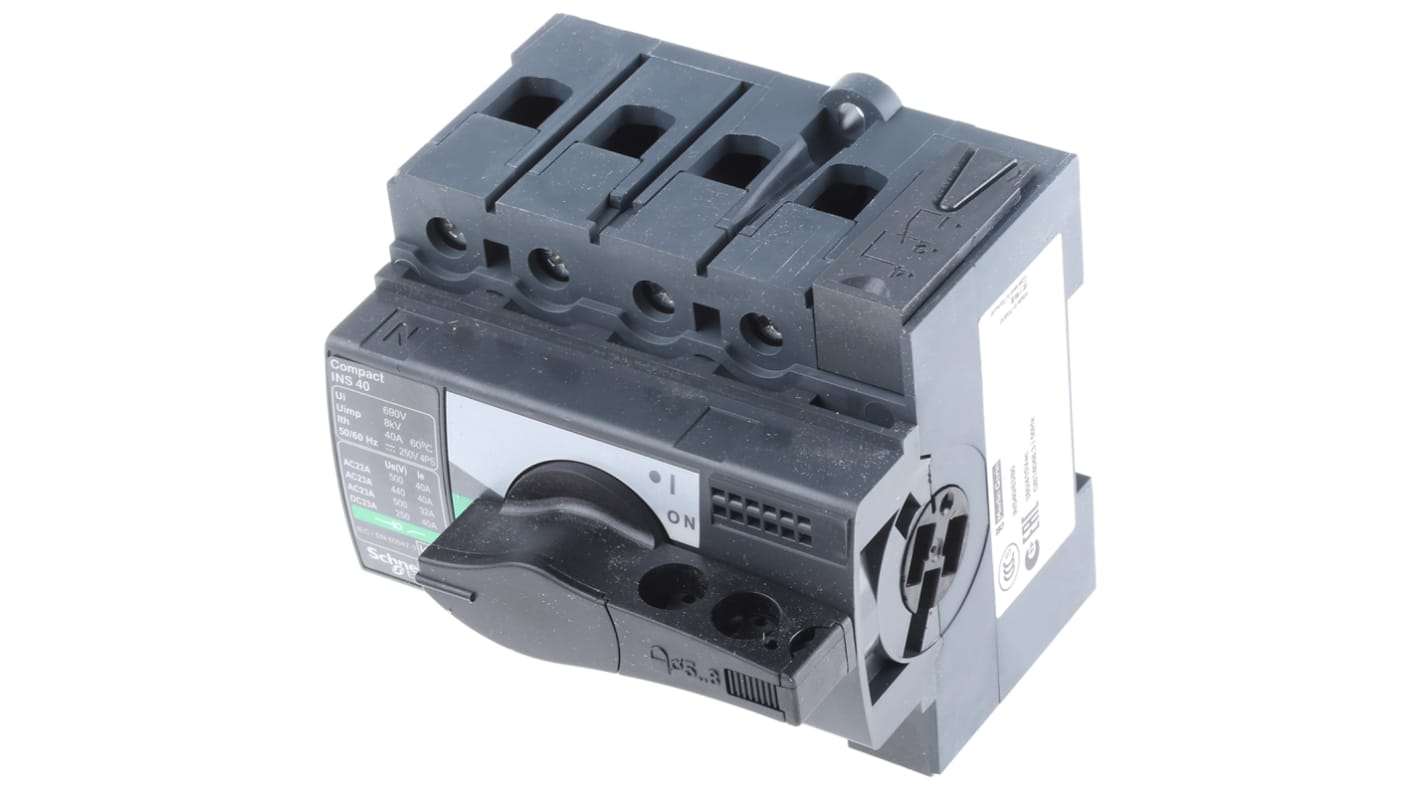 Interruttore di isolamento Schneider Electric 28901, 4P, 40A, IP40 - Serie Interpact INS40/160 per circuiti di distribuzione elettrica.