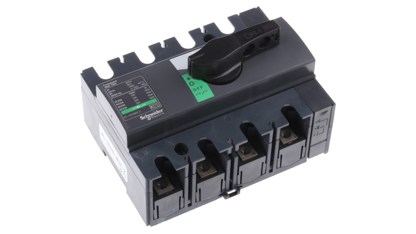 Interruttore di isolamento Schneider Electric 28913, 4P, 160A, IP40 per circuiti di distribuzione elettrica. Conforme agli standard IEC e EN.