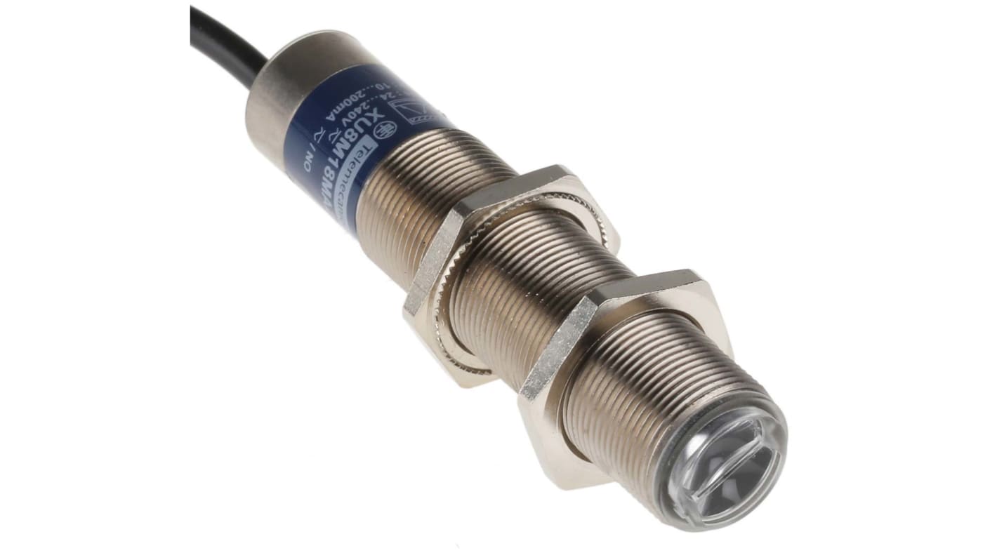 Sensore fotoelettrico cilindrico a diffusione Telemecanique Sensors XU8M18MA230, rilevamento 120 mm, uscita relè, grado di protezione IP67.