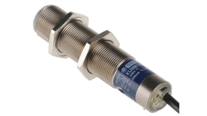 Sensore fotoelettrico cilindrico a diffusione Telemecanique Sensors XU8M18MA230, rilevamento 120 mm, uscita relè, grado di protezione IP67.