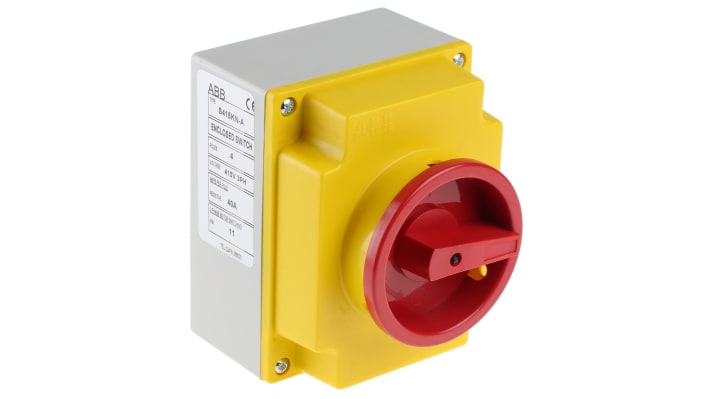 Interruttore di isolamento ABB S415KN-A 4 poli, 40A, IP65, contenitore in policarbonato, dimensioni 125x100x107mm.