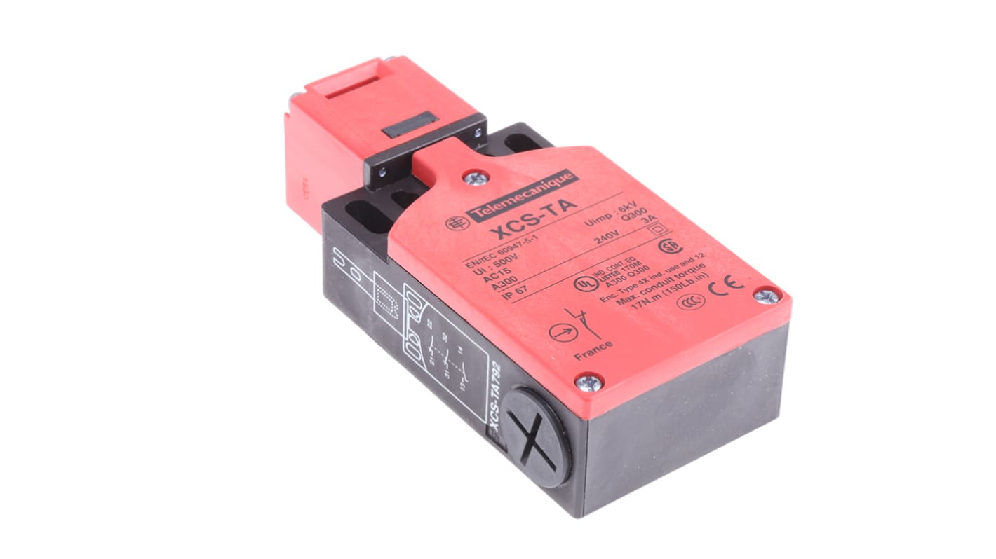 Interruttore di interblocco di sicurezza a chiave Telemecanique Sensors XCSTA792, 2NC/1NA, protezione IP67, dimensioni 114.5mm x 52mm x 30mm.