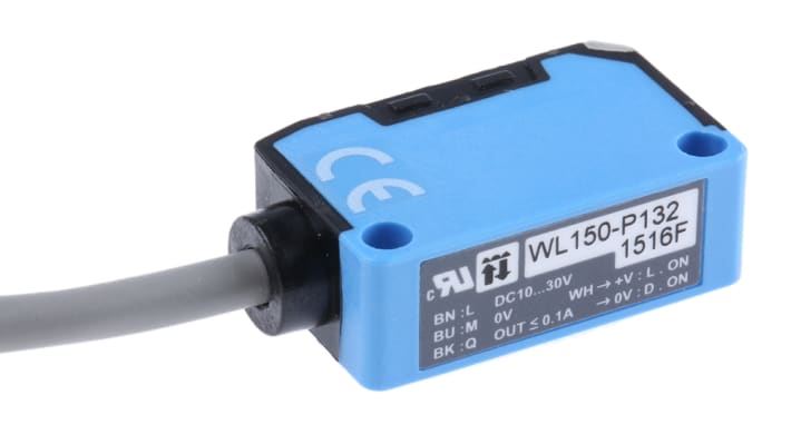 Sick WL150-P132, sensore fotoelettrico rettangolare a retroriflessione, rilevamento fino a 2,4 m, montaggio a pannello, grado di protezione IP67.