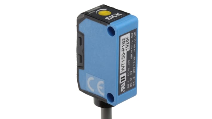 Sensore fotoelettrico rettangolare Sick WT150-P162, rilevamento 2-100 mm, uscita PNP, montaggio a pannello, grado di protezione IP67.