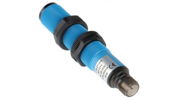 Sensore fotoelettrico cilindrico Sick VT18-2T1410, rilevamento 2-100 mm, uscita Triac, IP67, alimentazione 20-253V AC.