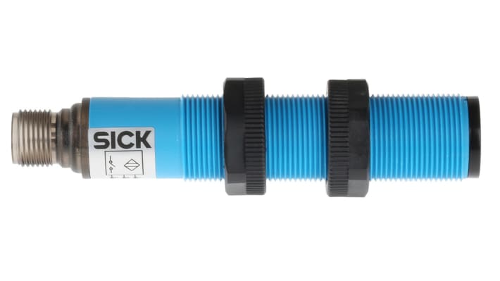 Sensore fotoelettrico cilindrico Sick VT18-2T1410, rilevamento 2-100 mm, uscita Triac, IP67, alimentazione 20-253V AC.