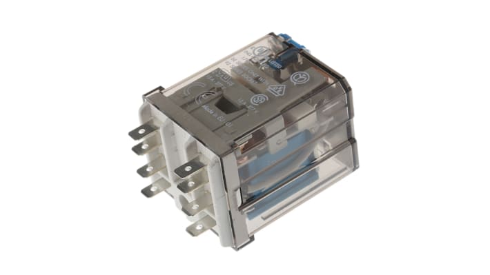 Finder 62.32.9.012.0040, relè DPDT 12V cc, 16 A, 2 contatti, dimensioni 38.2mm x 35.8mm x 49.1mm.