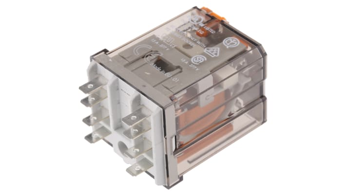 Finder 62.32.8.230.0040, relè DPDT 230V, 16 A, montaggio su guida DIN, con pulsante di verifica meccanico.