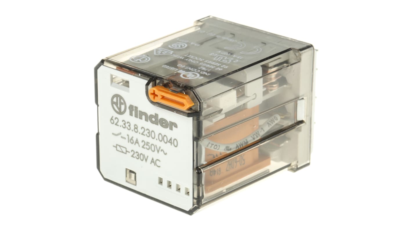 Finder 62.33.8.230.0040, relè di potenza 3PDT, 230V, 16 A, montaggio su guida DIN, con pulsante di verifica meccanico.