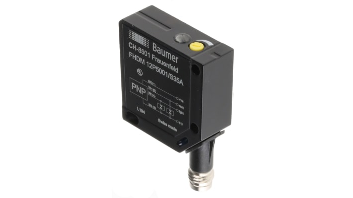 Sensore fotoelettrico Baumer FHDM 12P5001/S35A, rettangolare, rilevamento 15-300 mm, uscita PNP, IP67, connettore M8.
