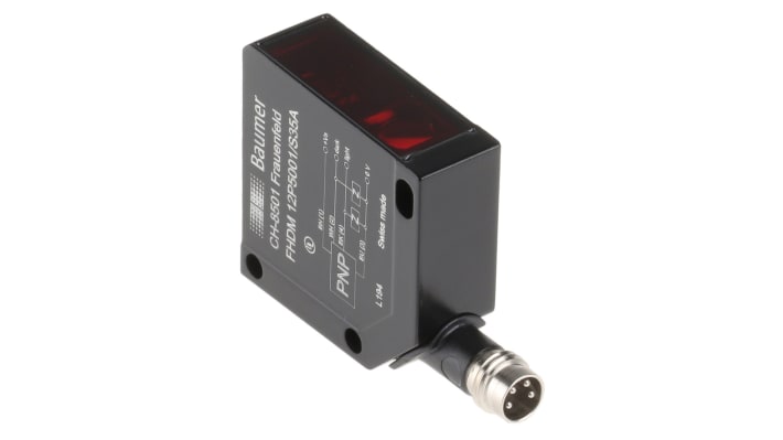 Sensore fotoelettrico Baumer FHDM 12P5001/S35A, rettangolare, rilevamento 15-300 mm, uscita PNP, IP67, connettore M8.