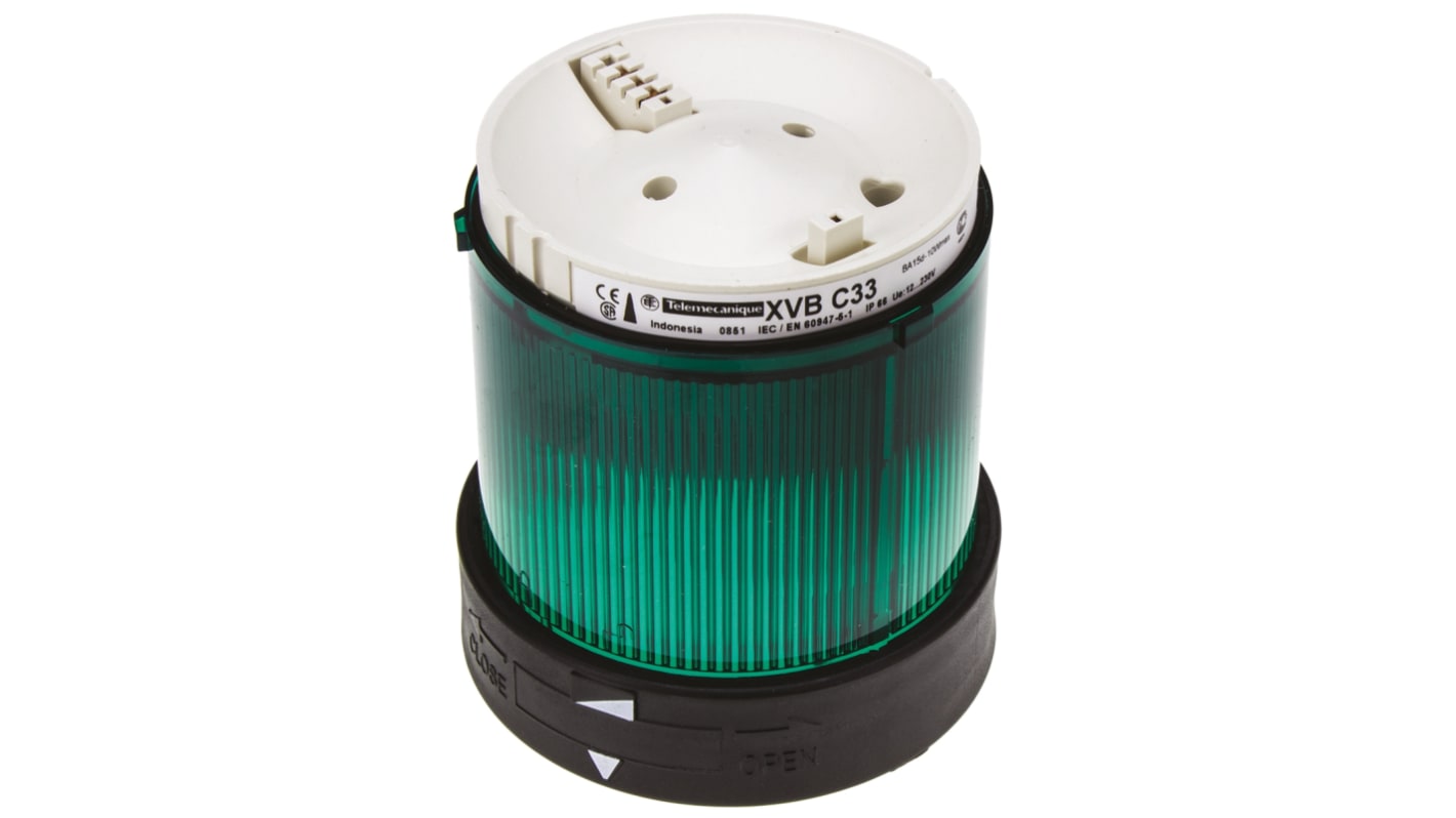 Segnalatore luminoso verde Schneider Electric XVBC33, 250V, Ø70mm h63mm. Ideale per applicazioni industriali, visibilità chiara e affidabilità.