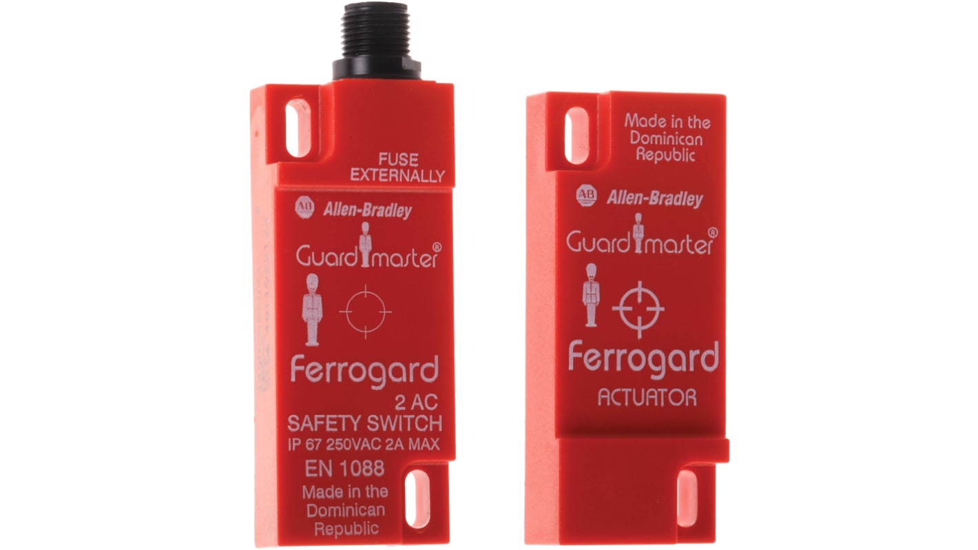 Interruttore di sicurezza senza contatto Allen Bradley Guardmaster 440N-G02093, tensione 250V, grado di protezione IP67, dimensioni 76mm x 30mm x 15mm.