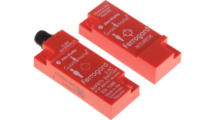 Interruttore di sicurezza senza contatto Allen Bradley Guardmaster 440N-G02093, tensione 250V, grado di protezione IP67, dimensioni 76mm x 30mm x 15mm.