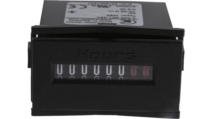 Contatore elettromeccanico Kübler 3.240.201.351, 8 cifre, montaggio a pannello, alimentazione 10-30 V c.c., IP65, dimensioni 22,2 mm x 45 mm.