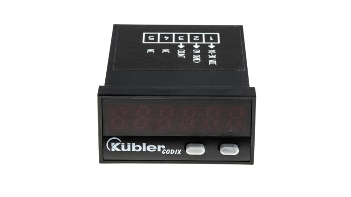 Contatore LED Kübler 6.522.012.300, 6 cifre, montaggio a pannello, alimentazione 10-30 V c.c., IP65, dimensioni 48x24 mm.