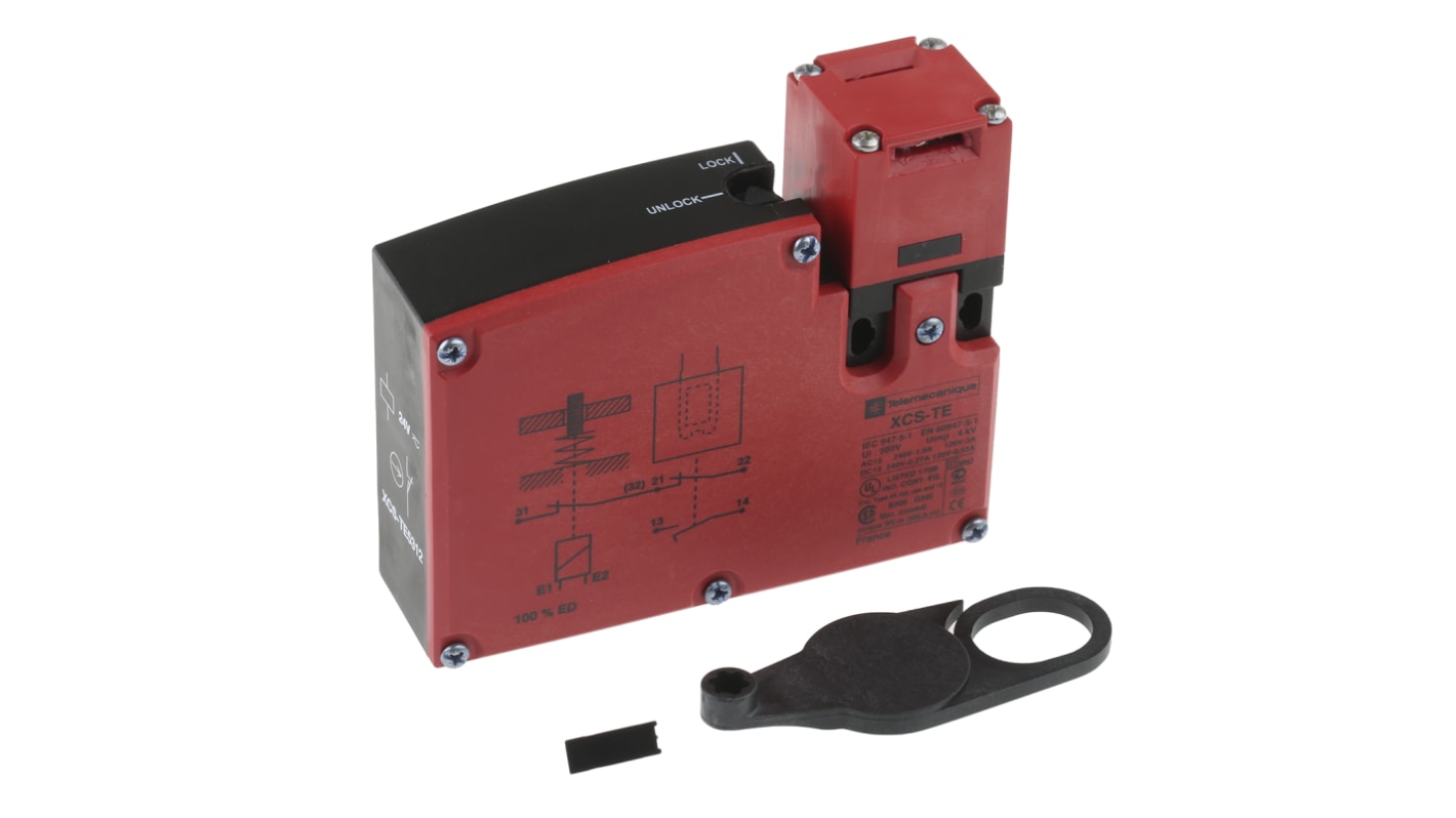 Interruttore di interblocco a solenoide Telemecanique Sensors XCSTE5312, 24V, IP67, design rettangolare, dimensioni 93.5mm x 33mm x 110mm.