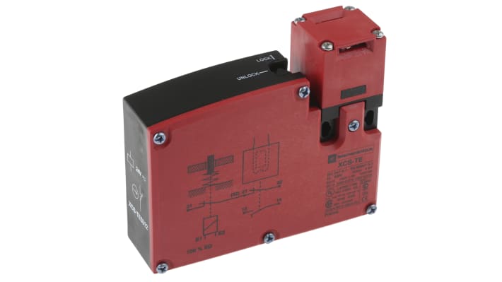 Interruttore di interblocco a solenoide Telemecanique Sensors XCSTE5312, 24V, IP67, design rettangolare, dimensioni 93.5mm x 33mm x 110mm.