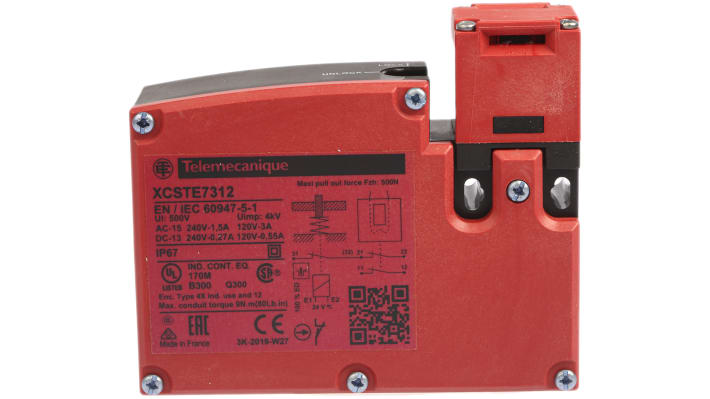 Interruttore di interblocco a solenoide Telemecanique Sensors XCSTE7312, 24V, IP67, dimensioni 33x93.5x110mm, 2 contatti NC.