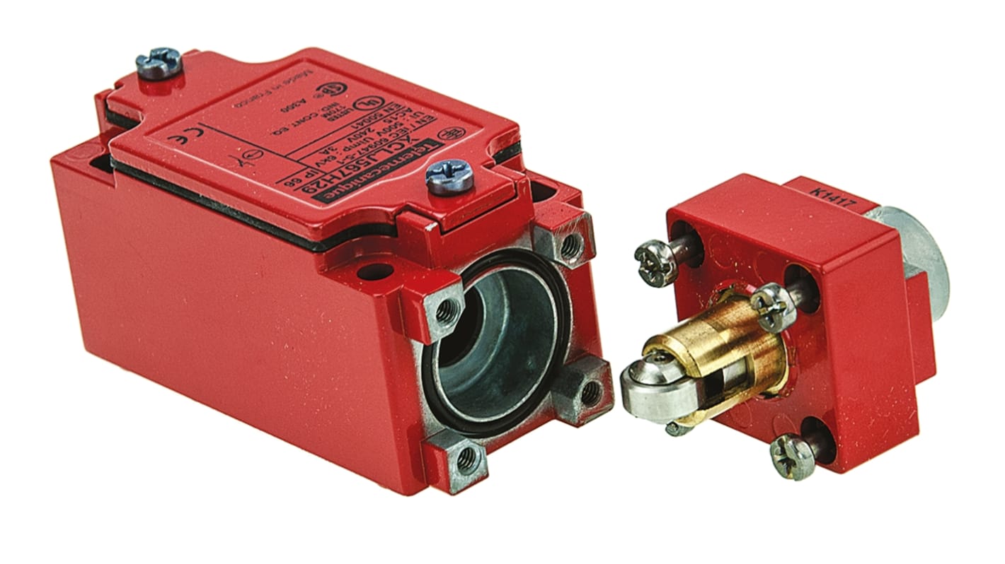 Telemecanique Sensors, interruttore di fine corsa NO/NC IP66, corpo metallico rosso, dimensioni 120mm x 40mm x 44mm.